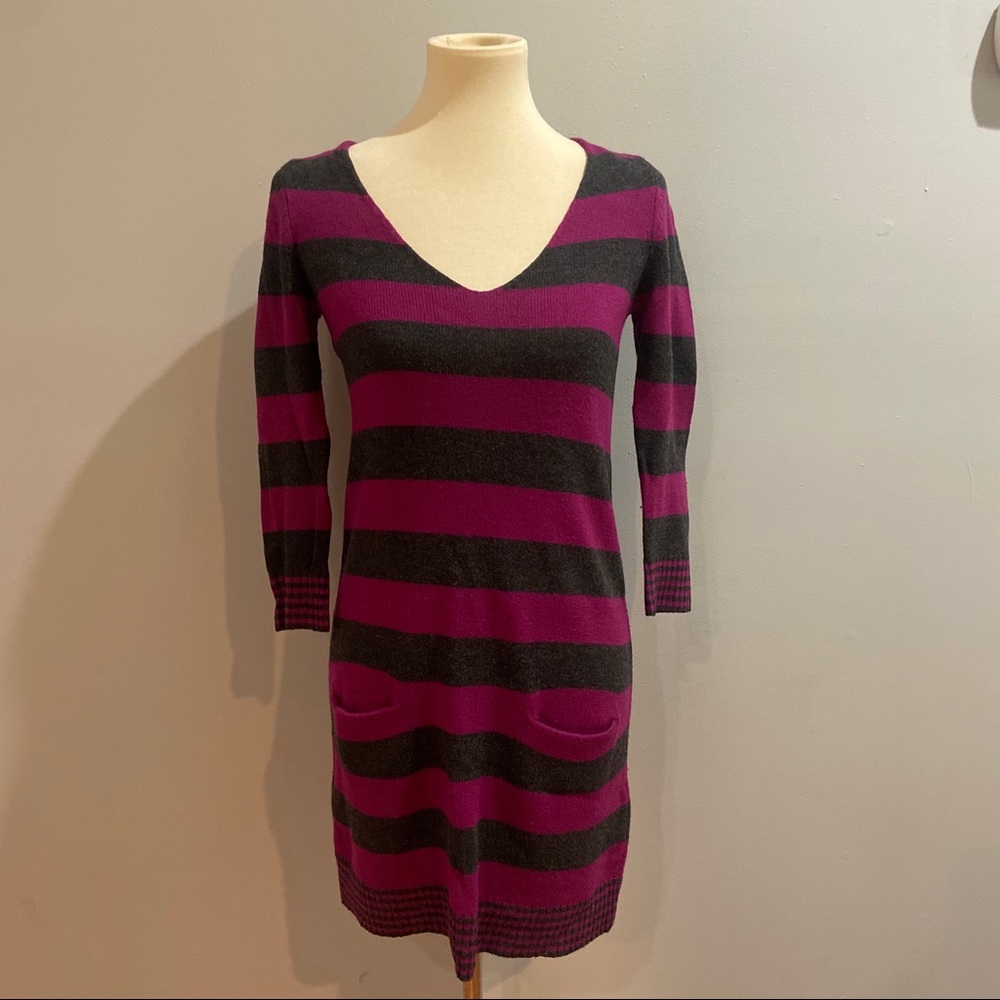 Express Pink and Gray Striped Vneck Tunic Sweater Small
